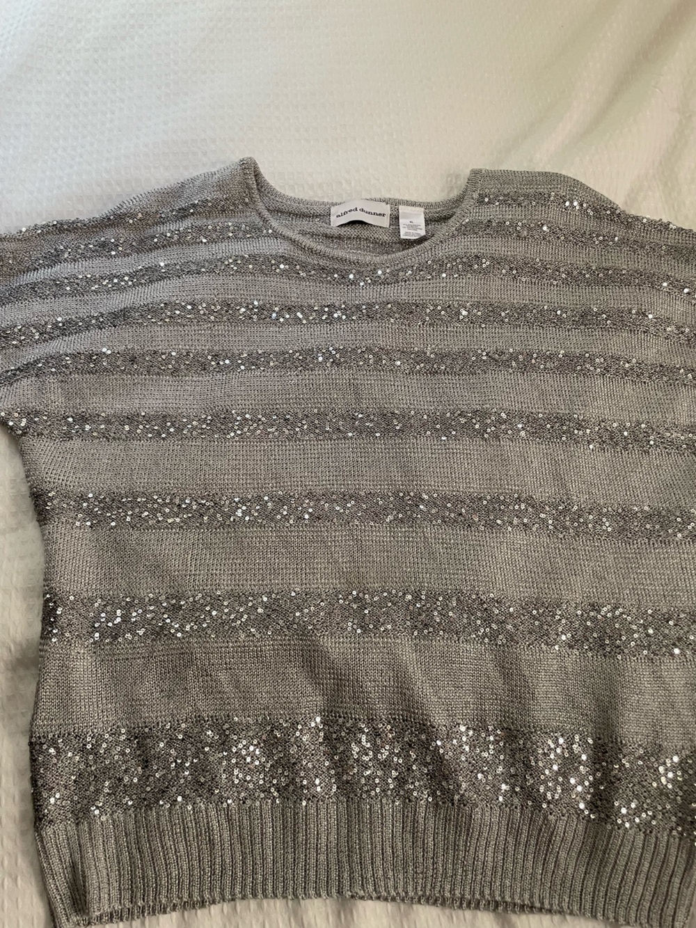 Alfred Dunner Silver Gray Sequin Striped Sweater